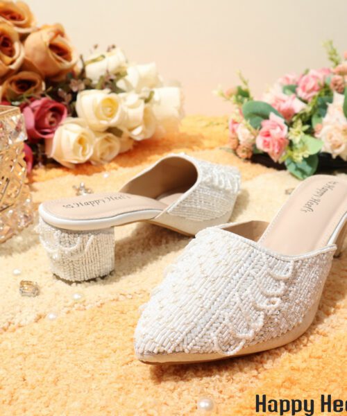 White Bead work Half-Shoe for women- Happy Heel’s