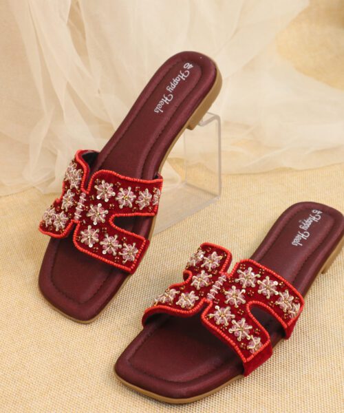 Pearl and Rhinestone H-Strap China Sole Flat Sandal-HH326