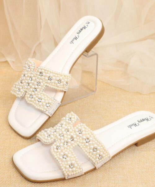 Pearl and Rhinestone H-Strap China Sole Flat Sandal-HH326