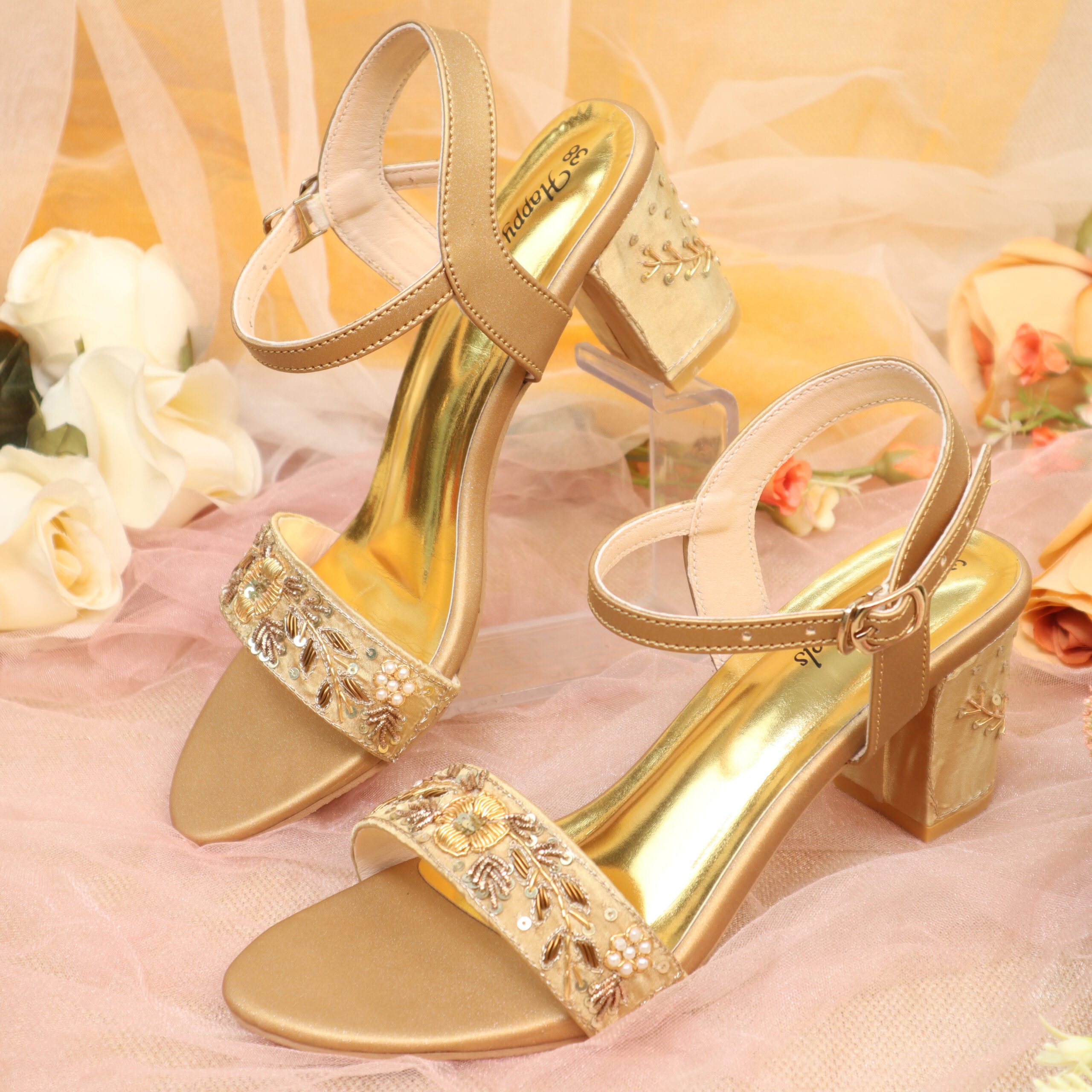 Embroidered Ankle Strap Block Heel-HH329