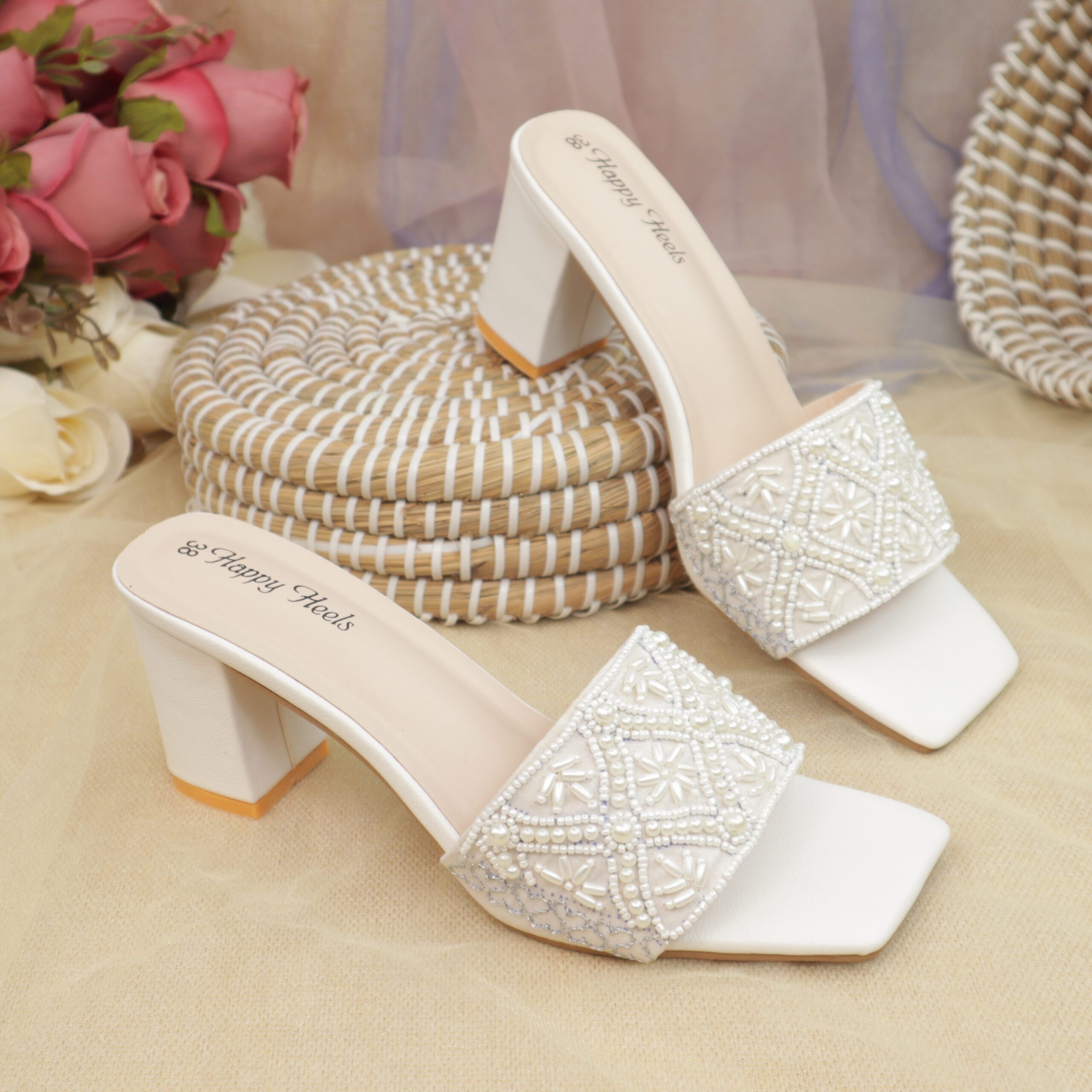 Pearl Embellished Block Heel Mules-HH341