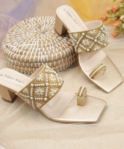 Pearl Toe Ring Block Heel Sandals-HH342