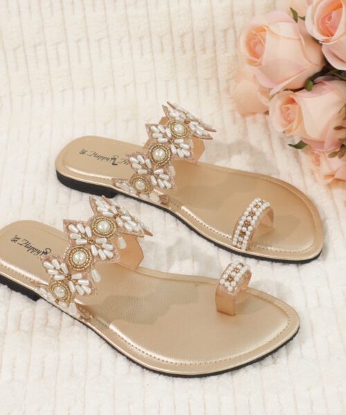 Pearl Bloom Embellished Flat Sandals-HH357